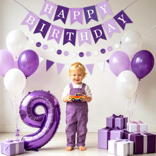 Image of Purple Happy Birthday Banner Hanging Sign Circle Dot Triangle Bunting