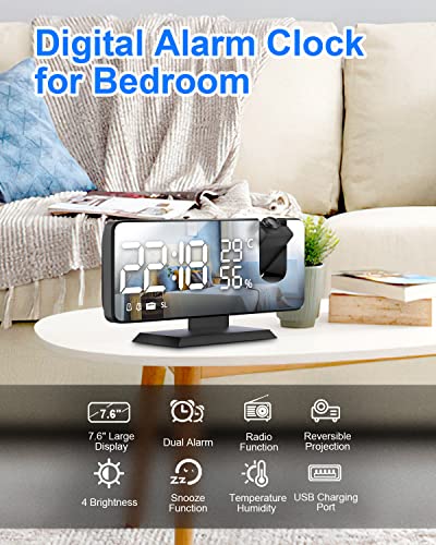 Peyou Projection Alarm Clock With Usb Charger, Digital Alarm Clock For Bedroom With Adapter, 7.4" Mirror Display, 4-Dimmer, 180° Rotable, Snooze, Dual Alarm Clock For Heavy Sleepers Adults Kids #TOP6