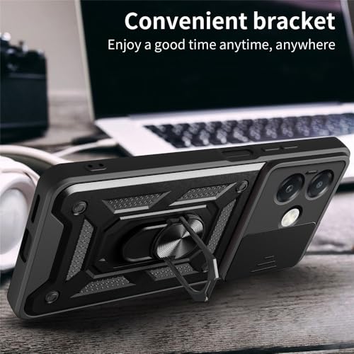 Image of Heavy Duty Back Case Cover for Oppo A3X 5G, Shockproof Oppo A3X Back Cover, Ring Case with Kickstand and Camera Protection Shutter - Black