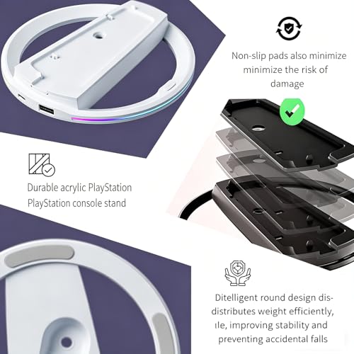 Image of Portable Vertical Stand for PS5 /PS5 Slim /Pro Console (Disc and Digital) with RGB Ambient Lights, Base for PS5 and 4 Anti-Slip Mats, Stable Heat Dissipation and Space Saving (White)