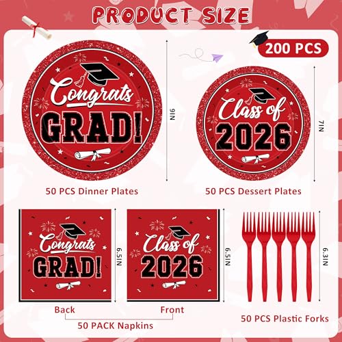 Image of QZYL 200Pcs Graduation Supplies Set 2026, Red Graduation Plates, Napkins, Dessert Plates and Plastic Forks for 50 Guests, Grad Party Disposable Tableware for Wedding, Birthday, Graduation