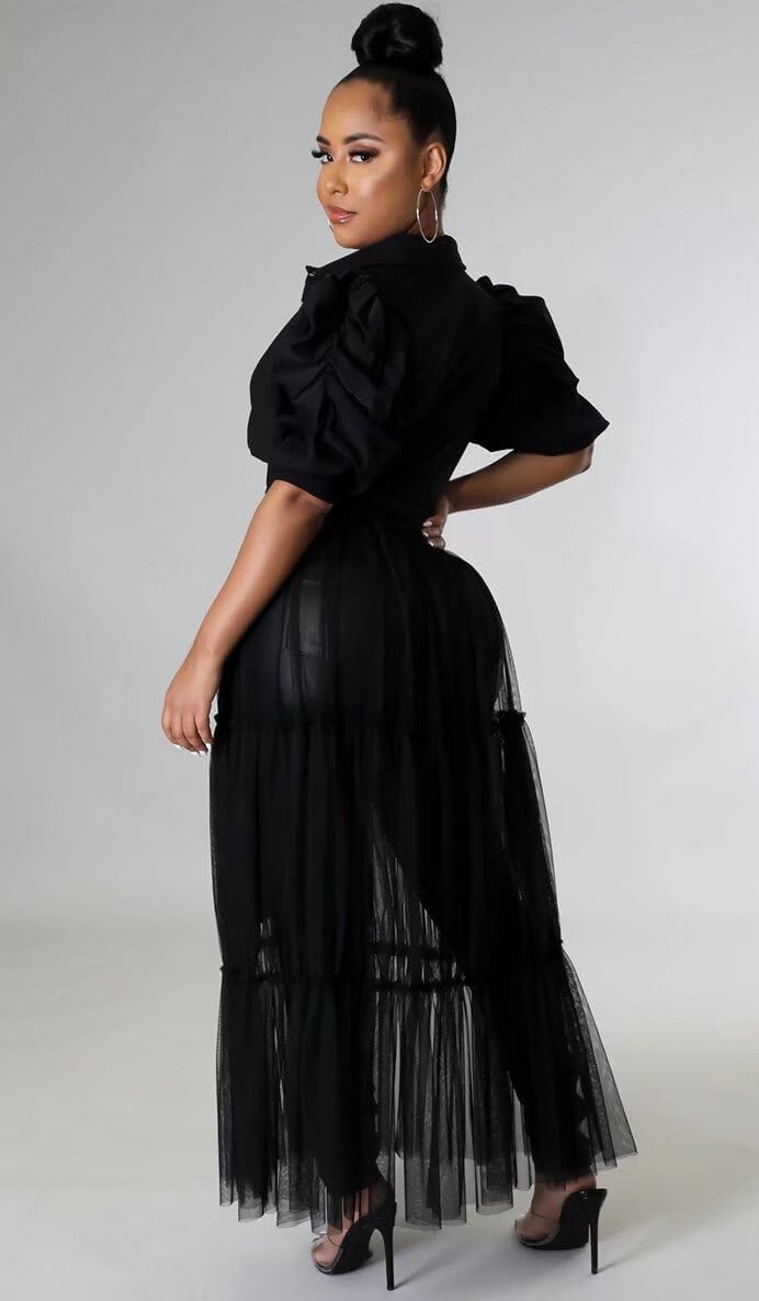 Ekaliy Women’s Casual Mesh See Through Shirts Long Dresses with Belt V Neck Button Down Club Party Outfit - Image 2