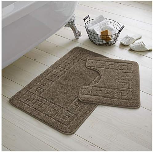 GC GAVENO CAVAILIA Greek Key Pattern Bath Mats 2 Piece Sets Non Slip, Soft Washable Rug Quick Dry Water Absorbent Bathroom Shower Mat & Pedestal Set, Burgundy