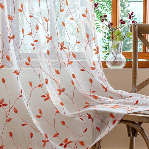 AmHoo 2 Panels Embroidered Leaf Pattern Semi Sheer Curtains Foliage