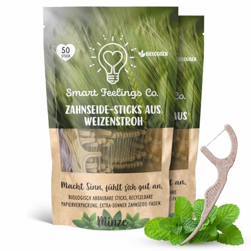Biodegradable Dental Floss Picks 100 Count 2 Packs | Eco-Friendly Bamboo Like Straw Wheat Sustainable Mint Flavored Flossers for Kids and Adult Teeth Cleaning for the Enviromentally Conscious