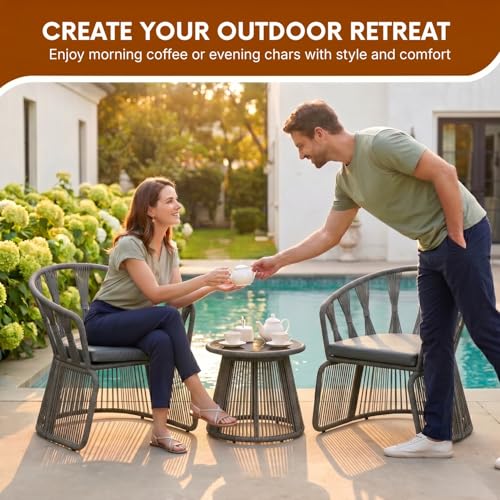 Image of DEVOKO Outdoor Rope 3-Piece Patio Furniture Set with Cushions & Glass Top Table, All-Weather Balcony Chairs Set for Garden & Lawn (Grey & Dark Grey)