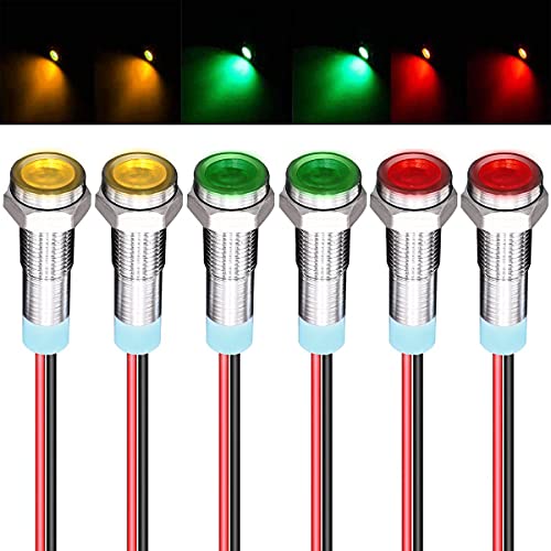 GUZZI 6 Pezzi 12V-24V 6mm LED Pannello Pilota Cruscotto Spia Indicatore Lampada Indicatore Luce Lampada Pilota Cruscotto Lampadine Direzionali (Rosso/Giallo/Verde)
