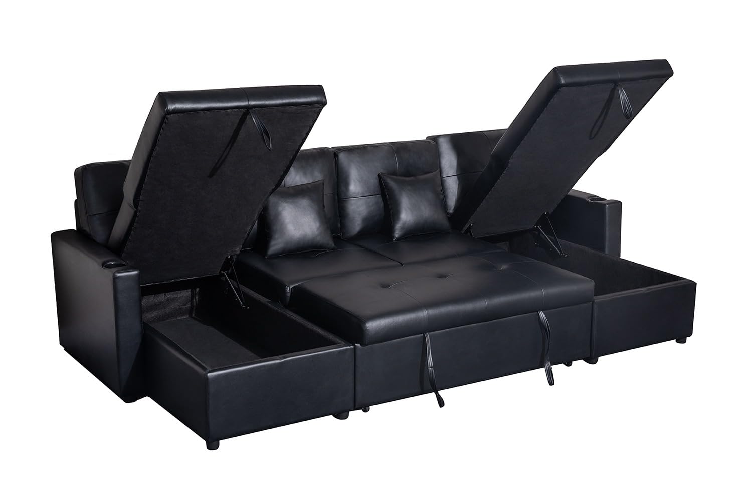 SofaHeaven Bonded Leather Sofa Bed - U-Shaped 4 Seater Fabric Sofas For Living Room Furniture - Pull Out Suite & Convertable Settee With Storage - (Black, Left Hand Side)