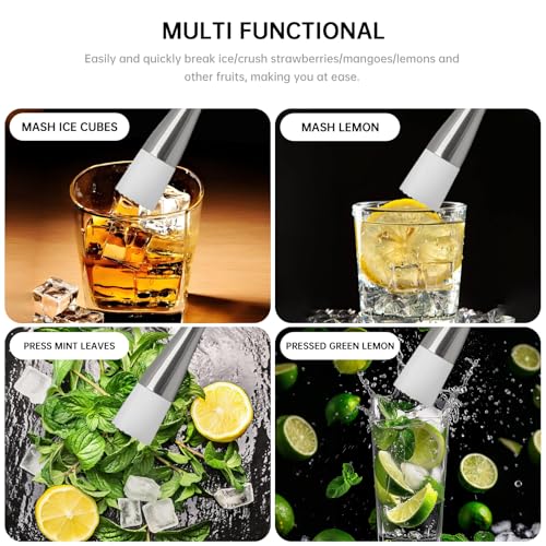 8.5″White Head Stainless Steel Muddler, Cocktail Mashers, Hammered Drink Mixers with Hammered Design, Suitable for Crushing Ice and Mixing Drinks 1PC