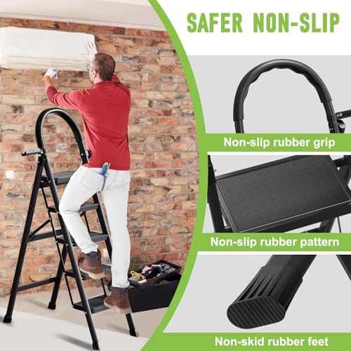 Image of BESTONE Foldable Step Ladder, Sturdy Steel Folding Stool with Wide Anti-Slip Pedals for Home, Kitchen, Garden & Office(Black ) (5 steps)