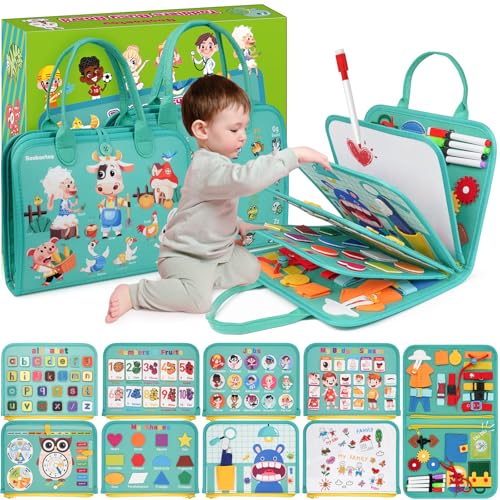 Image of Montessori Busy Board - Sensory Learning Toys for Toddlers 3-6 Years-10 Pages-32 Activities, Airplane Car Travel Educational Toys for Autism, 3 Years Boy Birthday Gift (Cyan)