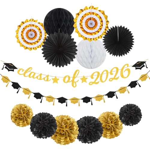 Image of Black Gold Party-Decoration Graduation Banner - 14pcs Kits Cap Garland Streamers, Paper Tissue Pom Poms Flowers Fans Honeycomb,Class Of 2026 College High School Grad Decor Hugfond