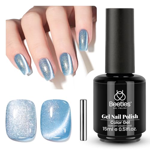 Image of Beetles Blue Cat Eye Gel Polish, 15ML Light Blue Cat Eye Glitter Gel Polish with Magnet Soak Off UV Shimmer Velvet Gel Arctic Aurora Series French Nail Art Design Manicure Gifts for Women