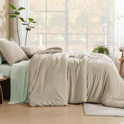 image for Litanika Oatmeal Comforter King Size, 3 Pieces Lightweight Solid Beddi