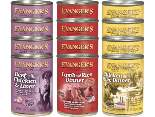 Evangers Heritage Classics for Dogs Variety Pack 4 Count Each 12.5 oz Beef with Chicken & Liver Lamb & Rice Chicken & Rice Grain-Free Recipes Balanced & Nutritious
