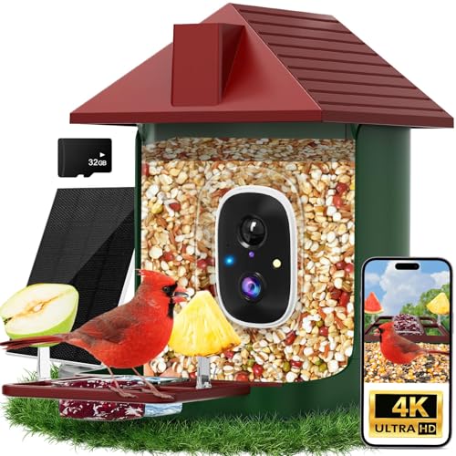 Smart Bird Feeder with Camera 5200mAh Battery with Solar Panel 4K Native Resolution Live View AI Species Identification Auto Capture & Instant Arrival Alert Ideal Gift for Bird Lovers (Red Green)