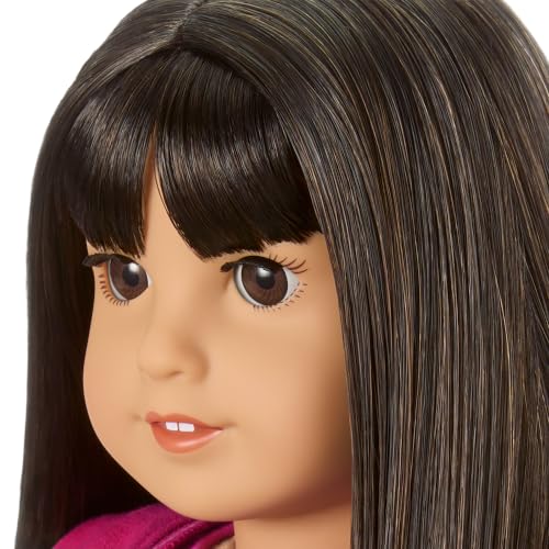 Image of American Girl Truly Me 18-inch Doll #130 with Brown Eyes, Straight Black-Brown Hair, Light-to-Medium Skin + Pastel Petals Dress, with Headband & Flats, Ages 6+ Bundle