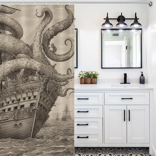 Rideau de douche imperméable 183x183 cm résistant motif pieuvre voile pirate