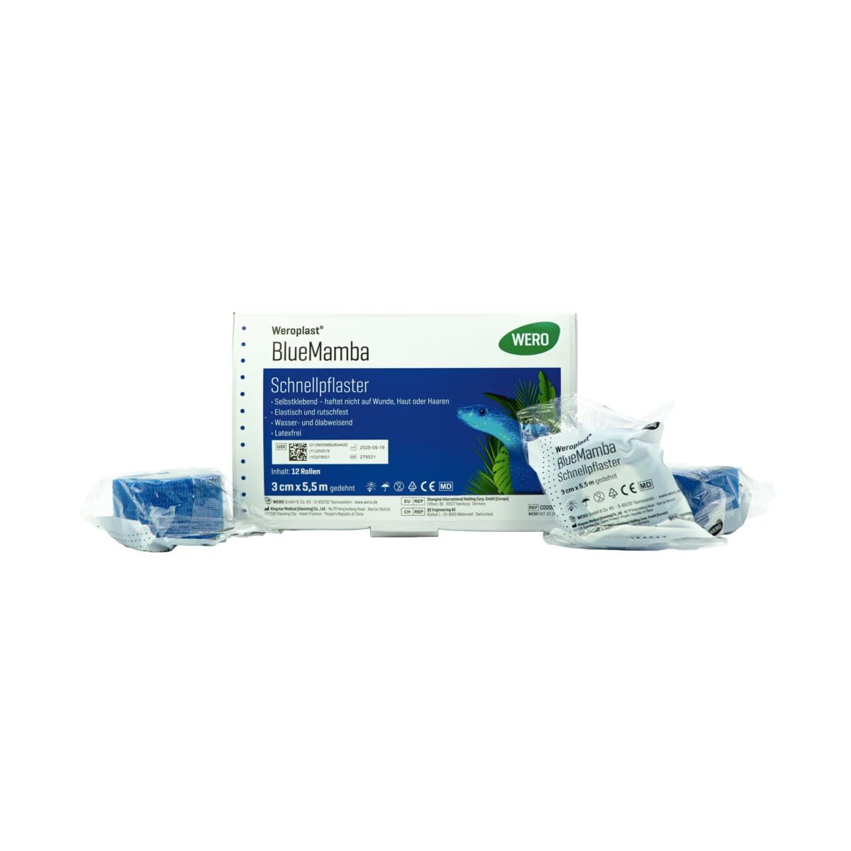 WERO BlueMamba kohäsives Pflaster, 12 Rollen/Packung | selbsthaftender Fingerverband ohne Klebstoff, elastisches Schnellpflaster, wasserabweisend