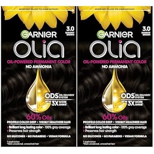 Garnier Olia Hair Color, Ammonia-Free Permanent Hair Dye, Oil-Powered Formula for 100% Gray Coverage and 3x Shinier Hair, Vegan & Cruelty Free, 3.0 Darkest Brown, 2 Count