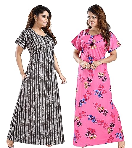 Image of YKI Women's /Girls Cotton Fabric Beautiful Print Nighty /Nightgown /Nightwear /Nightdress with Pocket (Pack of 2)