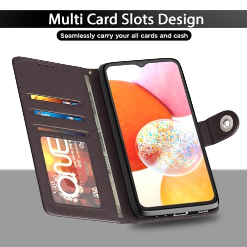 Image of Pikkme Flip Cover Leather Finish | Inside TPU with Card Pockets | Wallet Stand and Shock Proof | Complete Protection Button Flip Case for Samsung Galaxy F23 5G (Coffee)