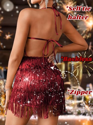 Image of Kaei&Shi Sequin Fringe Romper,Sparkly Glitter Metallic Jumpsuits For Women,Backless Shorts Dress Disco Birthday Dance Outfit