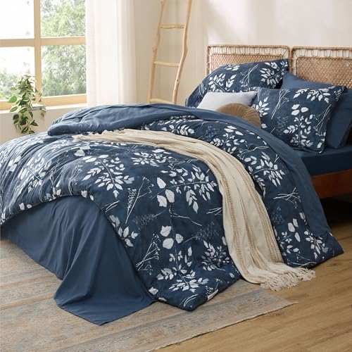 Image of Bedsure Floral Navy Comforter Set, Oversized Queen Bedding Sets, 7 Piece