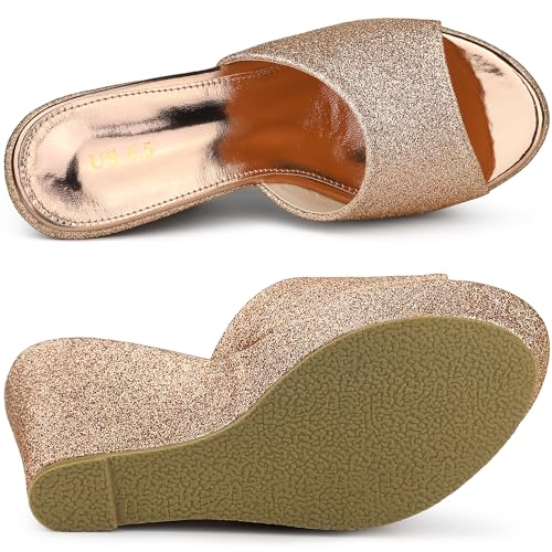 Allegra K Allegra K Women's Glitter Platform Slip on Wedge Heels Rose Gold Sandals 6.5 M US