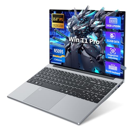 PC Portátil Win 11, 15.6 Pulgadas Ordenador Portatil 16Go LPDDR4 RAM 512Go SSD, Celeron N5095 CPU, Desbloqueo Huellas Dactilares/Teclado Retroiluminado, 180° Flip IPS Pantalla, Webcam+BT4.2+USB3.0
