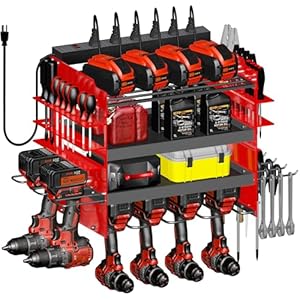 HOMECOR Power Tool Organizer Wall Mount with Charging Station,4-Layer Drill Holder Heavy Duty Metal Storage Rack for Garage Organization 6 Drill Storage Slots Shelf,Gifts for Men Dad Husband Christmas