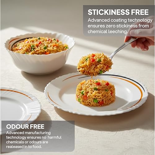 Image of Cello Dazzle Series Opalware Dinner Set 51 Pcs | Golden Arc | Opal Glass, Lightweight & Chip-Resistant | Microwave Safe, Dishwasher Safe | Scratch-Resistant Dinnerware | White