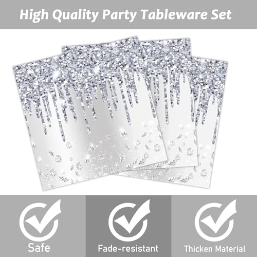 Image of 96 Pieces Silver Glitter Party Tableware Set for Denim and Diamonds Party Decorations Silver Plates and Napkins Forks Glitter Diamonds Theme Birthday Table Decorations for 24 Guests Parties Supplies