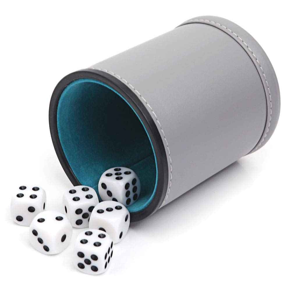 Professional - Juego de dados de piel sintética con forro de fieltro, juego de 6 dados de puntos para juego Yahtzee, Gris