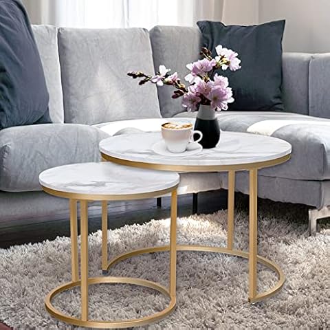 aboxoo Coffee Table Nesting White Set of 2 Side Set Golden Frame Circular and Marble Pattern Wooden Tables, Living Room Bedroom Apartment Modern Industrial Simple Nightstand Cover