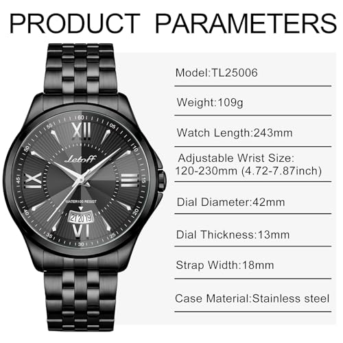 Image of Letoff Men's Analog Watch,Tool-Free Adjustable Clasp, Water Resistant 100ft, Roman Numeral Dial, Stainless Steel Case & Strap, Perfect for Business & Casual Wear