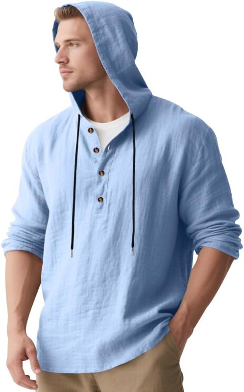 Mens Cotton Linen Hoodies Long Sleeve Button Down Shirts Casual Hawaiian Beach Yoga Sweatshirts - Image 4