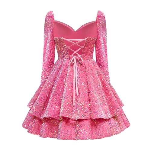 GUKARLEED Sequin Homecoming Dresses for Teens Long Sleeve HOCO Party Gowns Tiered Sparkly Sweetheart Neck Short Prom Dresses4