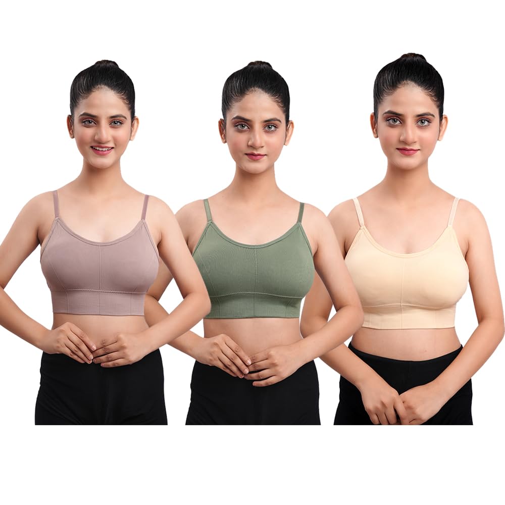 Women's Cotton Wire-Free Full Coverage Lightly Padded Sports Bra - Comfortable & Supportive Everyday Wear - Pack of 3 (Size- 34, Brown, Beige, Green)-image-48