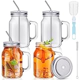 Jinei 4 Sets 20 oz Glass Mason Jar with Handle and Straws Glass Tumbler with Wide Mouth Drinking Cups Reusable Mason jar Mugs with Brush for Cold Drinks Smoothie Tea Iced Coffee