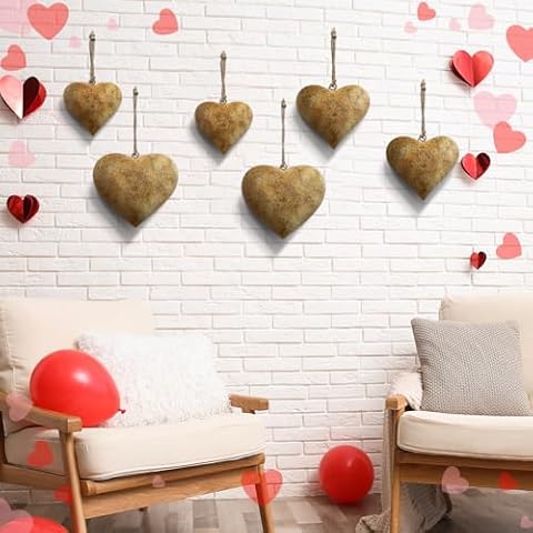 Tandefio Set of 6 Valentine's Day Vintage Metal Heart Wall Hanging Art Decorative Iron Rustic Metal Hearts Farmhouse Love Wall Decor 3D Sign Symbol with Hanging Rope for Home Decorations, 3 Sizes Cover