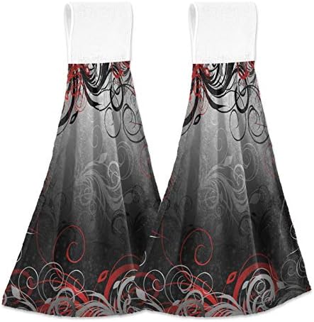 Oyihfvs Red Black Grey Floral Leaf Swirl Abstract Background 2 Pcs Hanging Kitchen Hand Towels, Hanging Tie Towels with Hook & Loop Dishcloths Sets, Decorative Absorbent Tea Bar Bath Hand Towel