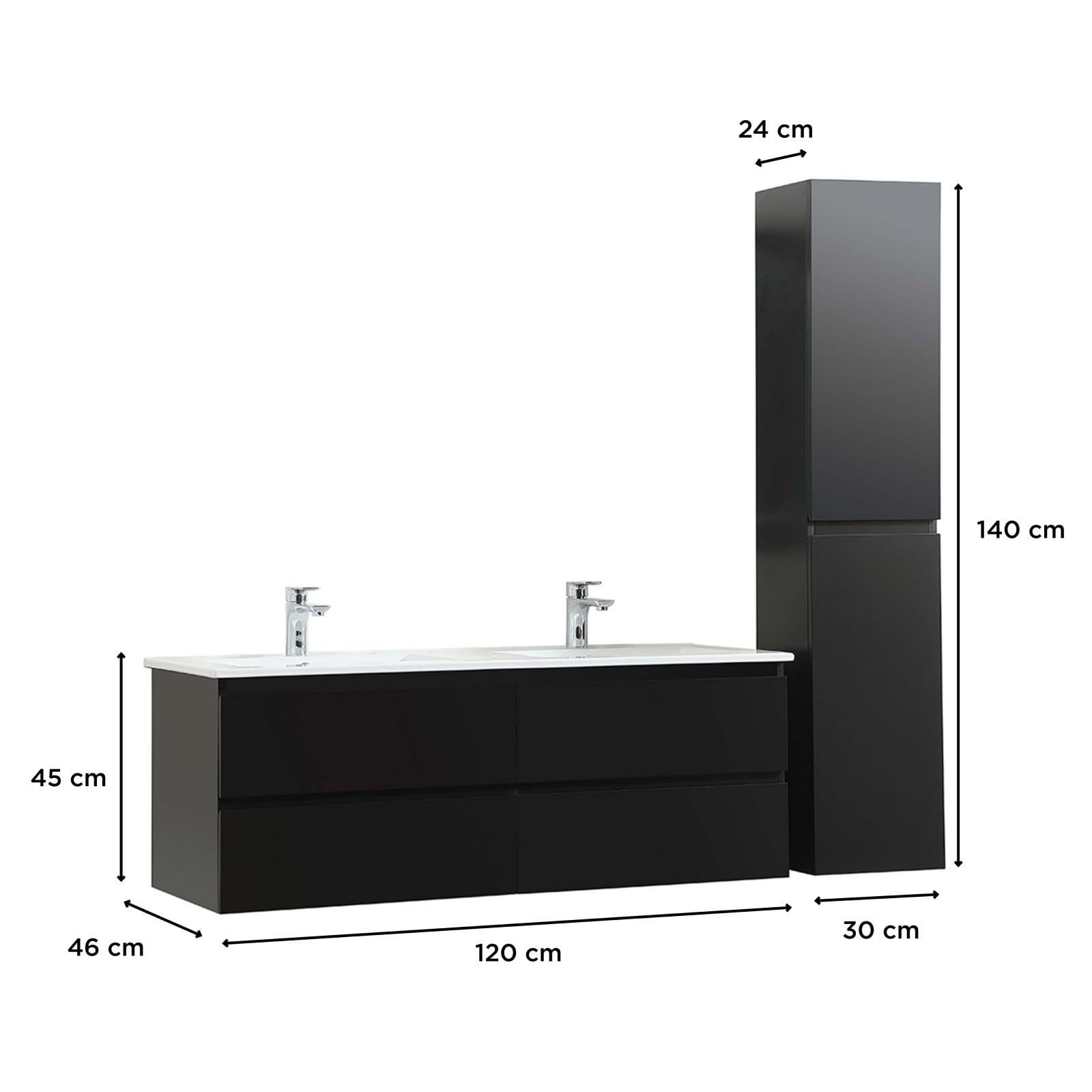 MOB-IN Meuble Double Vasque 120cm avec Plan céramique Sorrento Noir + Colonne