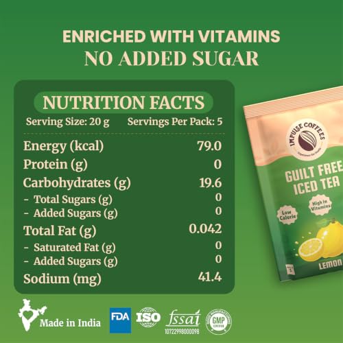 Image of Impulse Coffees Guilt Free Iced Tea Lemon | Iced Tea Powder Drink Mix | Zero Refined Sugar, Low Calorie, Lemon Flavour | 20g x 5 Sachets (100g)