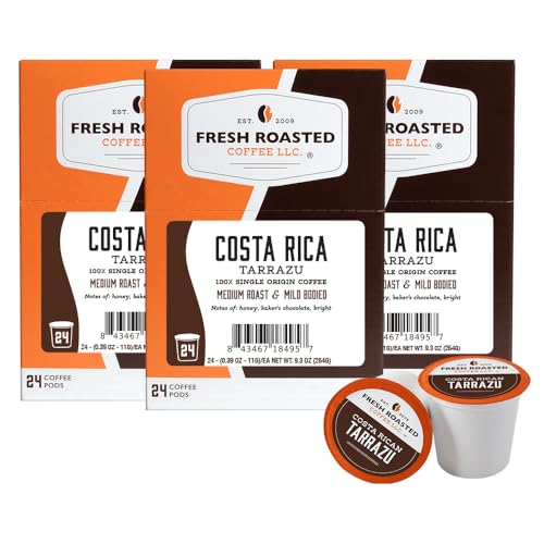 Fresh Roasted Coffee, Costa Rica Tarrazu, Medium Roast, 72 Pods for K Cup Brewers