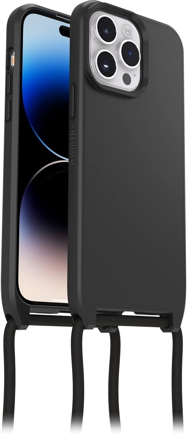 OtterBox Cover React Necklace con MagSafe per iPhone 14 Pro Max, Custodia sottile, antishock con cordone da collo, adattabile e intercambiabile, testata a norme MIL STD 810G, Nero