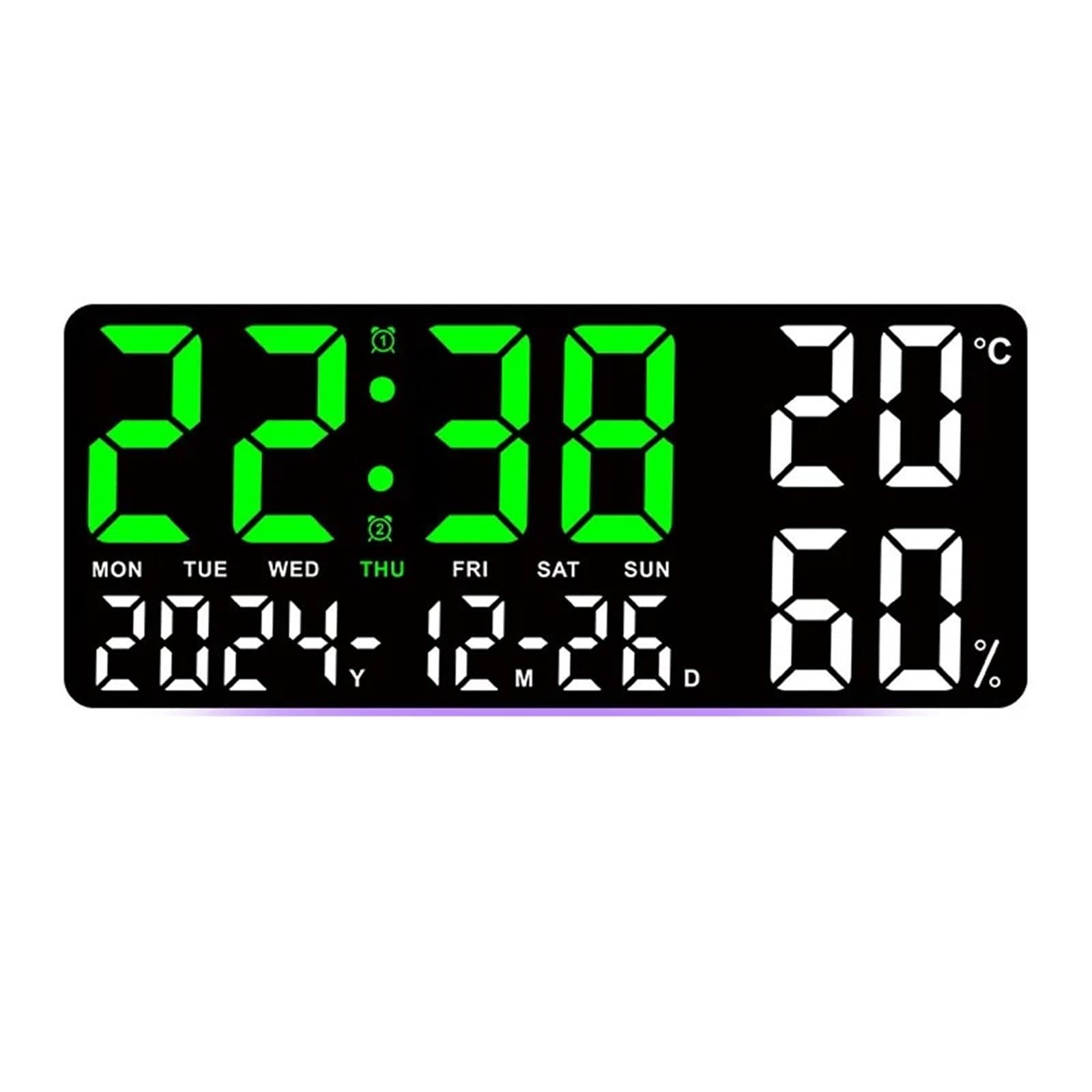 LADFRTYU Atomic Digital Wall Clock Large Digital Wall Clock With 7Colors Mood Light 2 Alarm TEMP Humidity Date Table 12/24H Timing Countdown LED(BG)