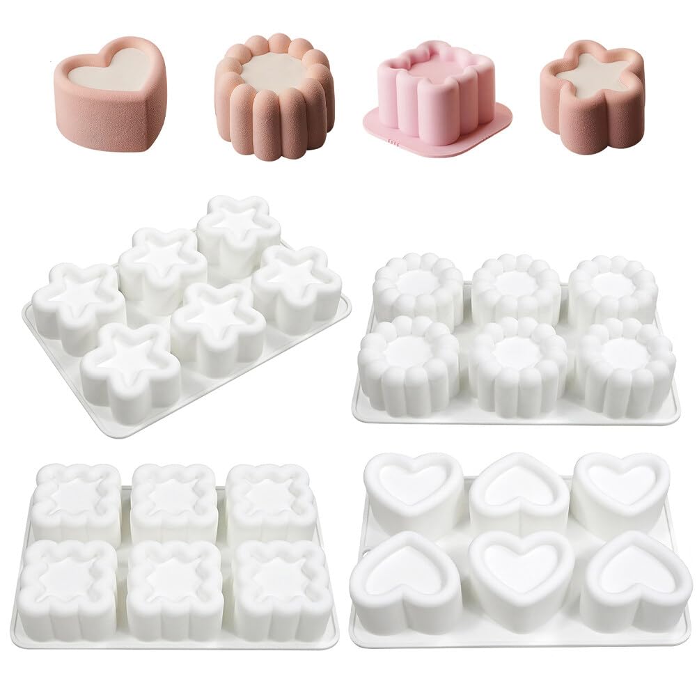 Moldes de silicona de 6 cavidades con forma de flor, corazón, estrellas, cuadrados, para decoración de cubitos de hielo para tartas caseras, chocolate, magdalenas, moldes para manualidades (4