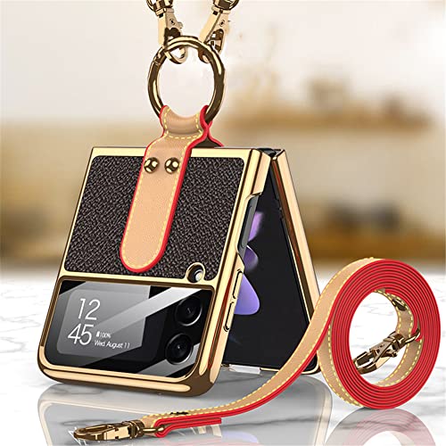 For Z Flip3 5G 2021 Case With Ring Lanyard Strap Luxury Electroplated Pu Leather Cover Compatible With Samsung Galaxy Z Flip 3 5G Case Built-In Screen Protector Phone Case (Gold+Brown) #TOP5
