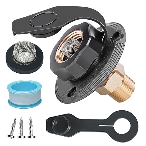 Image of RV City Water Inlet with Check Valve - 3 /4″ NH to 1 /2″ NPT Brass, Matte Black Dust Cap